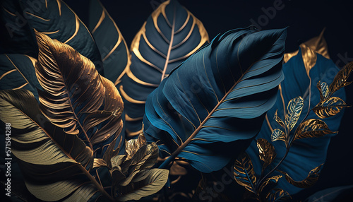 dark blue and gold tropical leaves on dark background with Generative AI technology