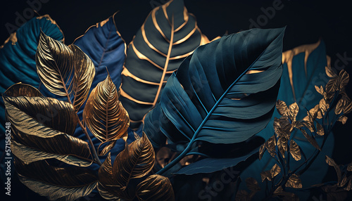 dark blue and gold tropical leaves on dark background with Generative AI technology