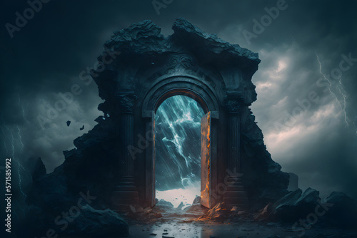 Thunderstorm round portal gateway to another world. Clouds in sky above gate, a glowing passage through the arch