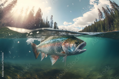 Fishing Rainbow trout fish splashing in the water of forest lake. Fish jumps out of river, clear water