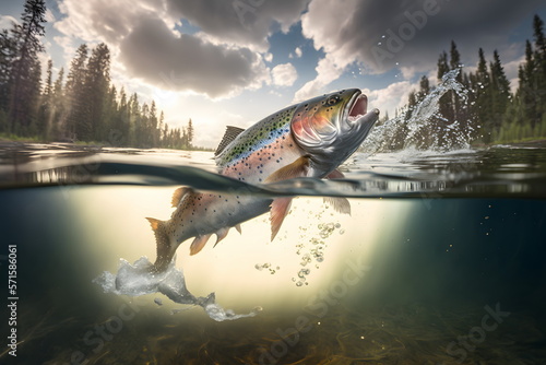 Fishing Rainbow trout fish splashing in the water of a forest lake. Fish jumps out of the river, clear water