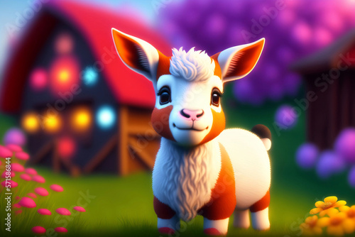 A cute goat in front of a barn with colorful flowers. Farm animal. Generative AI.