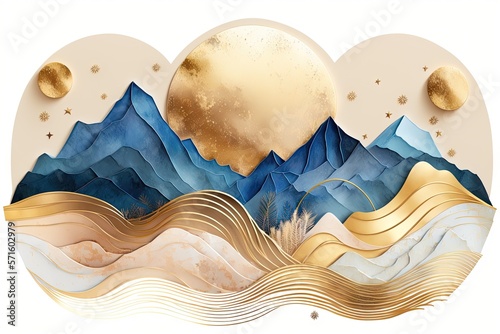background of a majestic abstract mountain. Blue and gold watercolor wallpaper with wavy gold lines, hills, and the moon. For banners, covers, wall art, home decor, and invitations, luxury in rose gol