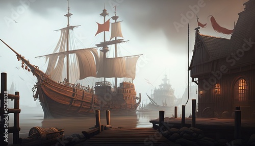  a painting of a pirate ship in a foggy harbor with a dock and a lighthouse in the distance with a bird flying over it. generative ai