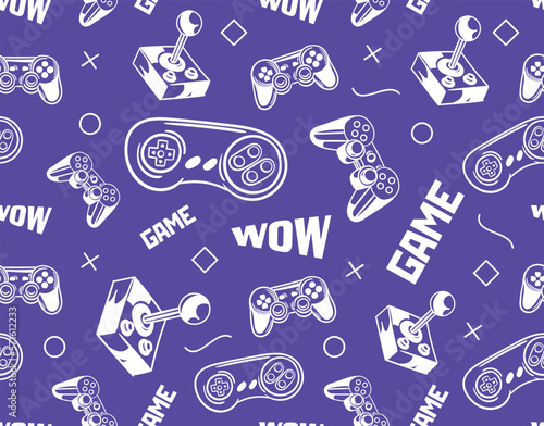 Game seamless pattern. Repeating design element for printing on wrapping paper. Gamepad and joystick, text. Entertainment and video game console, virtual reality. Cartoon flat vector illustration