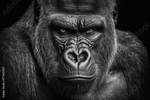 Black and white head portrait of a gorilla