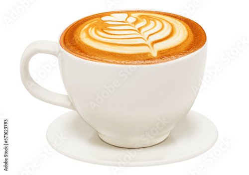 Cup of cappuccino with beautiful latte art. PNG transparency 