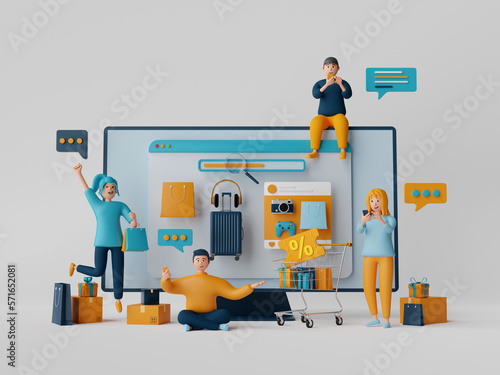 Online shopping concept, Consumer choose and buy items on Ecommerce marketplace on computer screen, 3d illustration