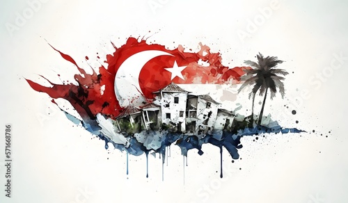 Watercolor turkish huge earthquake a half broke flag and lots of house destruction, Broken Flag of Turkey, republic Turkish earthquake 2022