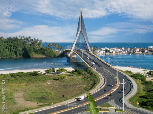 Beautiful view with the cable-stayed Jorge Amado Bridge in Ilhéus, Bahia, Brazil