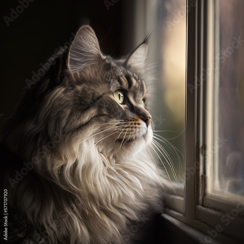 Generative AI. Grey cat sitting on the windowsill looking at the weather through the window.