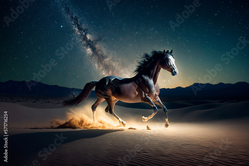 Caballo galopando en el desierto en la noche levantando polvo, imagen cinematográfica con textura, generative ai.