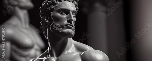 Panoramic horizontal banner of muscular sculpture with copy space background. generative AI painting