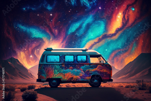 Van life bus camping on nature. Created with generative Ai technology
