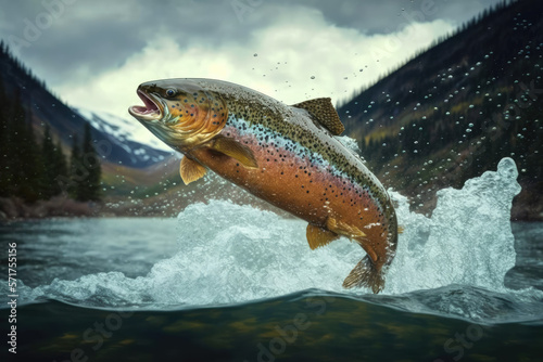 rainbow trout fish jumping out of river water made by generative ai