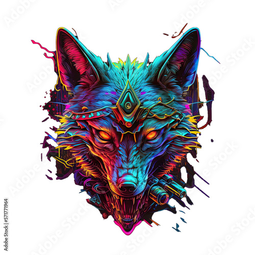 Epic, Unique, and Artistic Jackal Animal Moscot Sports Team Logo T-Shirt Graphic Design in Tattoo Style with Neon Colors Isolated on Transparent Background PNG generative AI