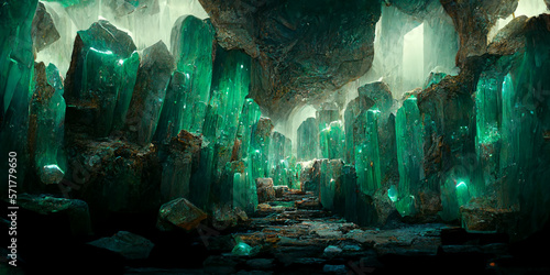 cave walls full_of_emerald stones. Generative AI