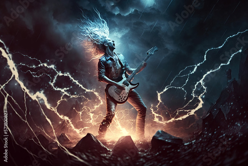 Rock musician plays music in rain, rocker guitarist performs at concert, generative AI