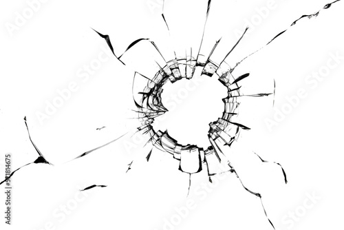 Photo of broken glass with cracked texture on a white background. For design