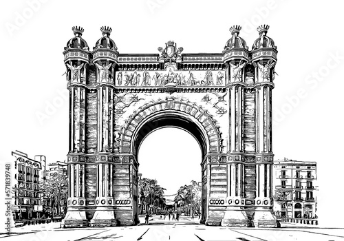 Arc de Triomf, a triumphal arch in the city of Barcelona in Catalonia, Spain, ink sketch illustration.