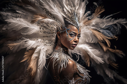 Photograph of a beautiful black Brazilian Carnival samba dancer, dressed in a colorful feather costume of golden and white colors
