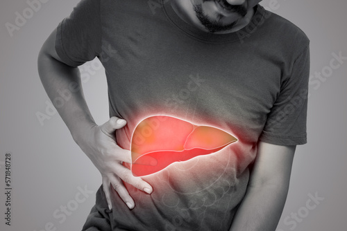 The illustration of liver is on the man's body against gray background. A men with hepatitis and fatty liver problem.