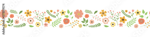 Cartoon spring flowers, leaves, and berries seamless border pattern. Isolated on white background. Colorful garden flowers in a row. Design for stickers, labels, and banners