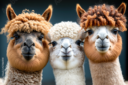 Drei Alpakas schauen in die Kamera, Three alpacas look at the camera