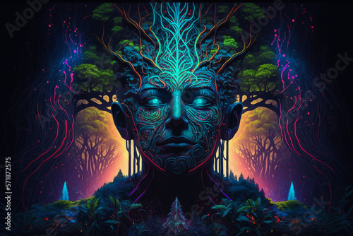 Concept of psychedelics, ayahuasca hallucination colorful neon glow illustration, forest shaman