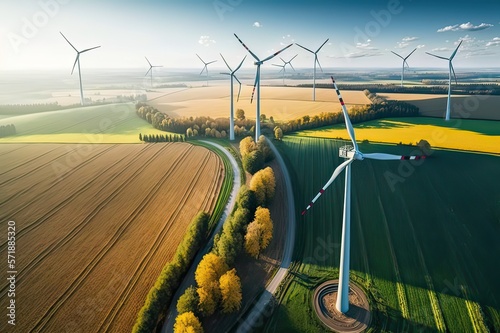 Wind turbines in agricultural field. Photo generative AI.