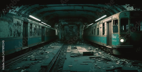 Abandoned destroyed subway station. Generative AI.