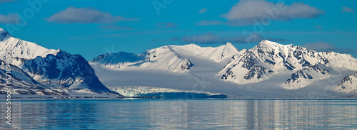 Glacier and Snowcapped Mountains, Oscar II Land, Arctic, Spitsbergen, Svalbard, Norway, Europe