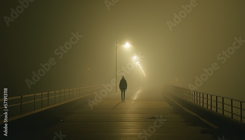  a person walking on a foggy bridge at night with street lights. generative ai