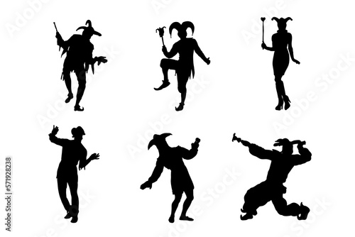 Set of silhouettes of jester vector design