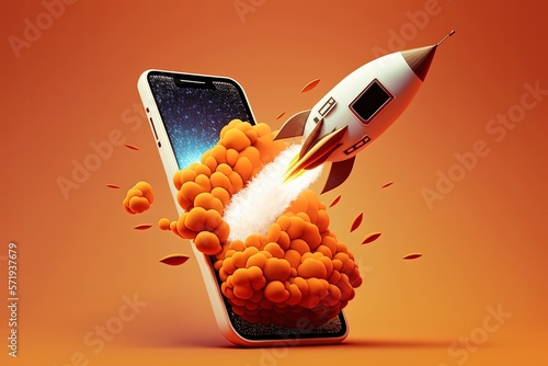 Rocket on coming out of mobile screen, cell phone, startup concept, orange background. Generetaive AI