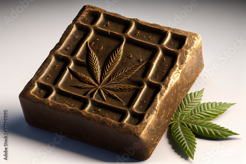 cannabis brown hashish and green leaf closeup illustration Generative AI