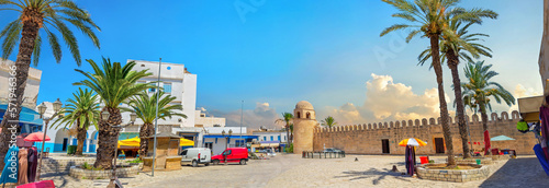 Bazar square with medieval fortress wall of Ribat in Sousse. Tunisia, North Africa