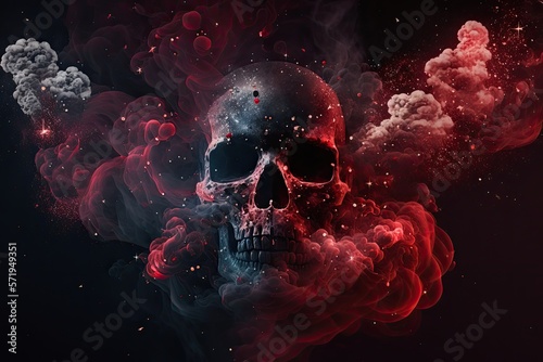 Red smoke with skull in smoke and shiny glitter particles abstract background, ai