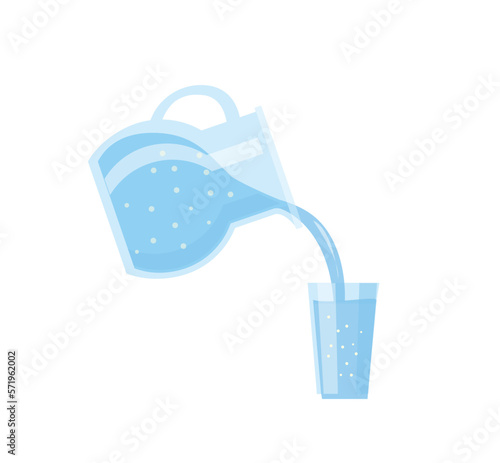 Water is poured from a pitcher into a glass pure drinking water, creating air bubbles. Freshness, cold refreshing drink, water balance, health, diet.
