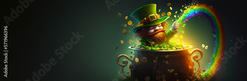 Happy saint patricks day template poster and banner with leprechaun in treasure cauldron for design for banner, ads, covers, and invitation. Copy space. Generative AI
