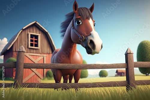 Cute Cartoon Horse on a Farm (Created with Generative AI)