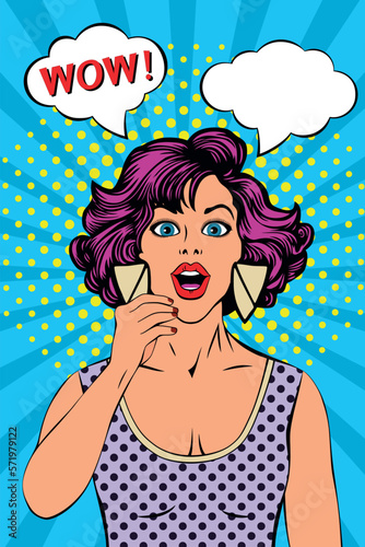 Surprised woman with wow text on speech bubble vector illustration. Pop art, retro comic book style colorful background. Generative AI