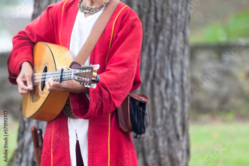 Medieval minstrel playing guitar