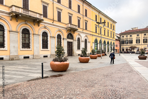 People walking in the city center of Novara, Italy