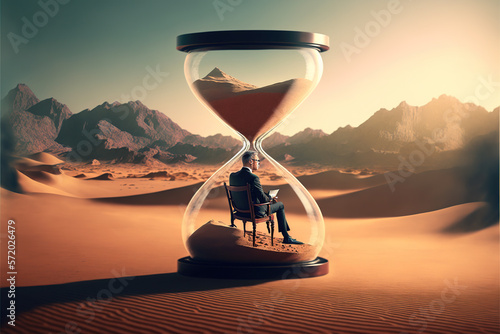 ilustración de un hombre sentado en una silla dentro de un reloj de arena que está en el desierto. Gnerative AI