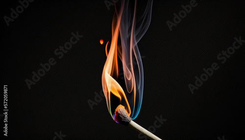 wooden match with a burning fire on a black background. ai generated