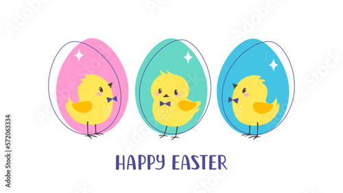 Easter vector greeting card with cute little chicks and colorful Easter eggs on white background
