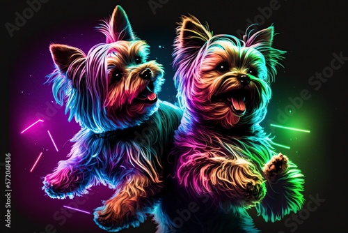 illustration, colorful yorkshire terrier dogs dance illuminated by lights, ai generative