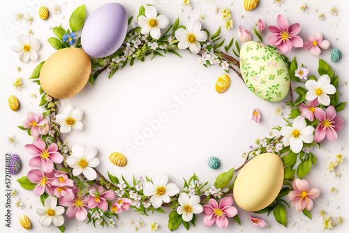 Beautiful colourful floral design with easter eggs and pink and white flowers, easter backdround image, generative AI illustration