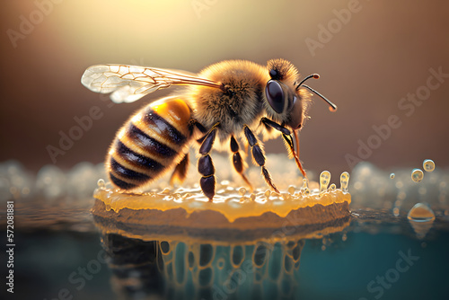Bee on water, honeybee macro,